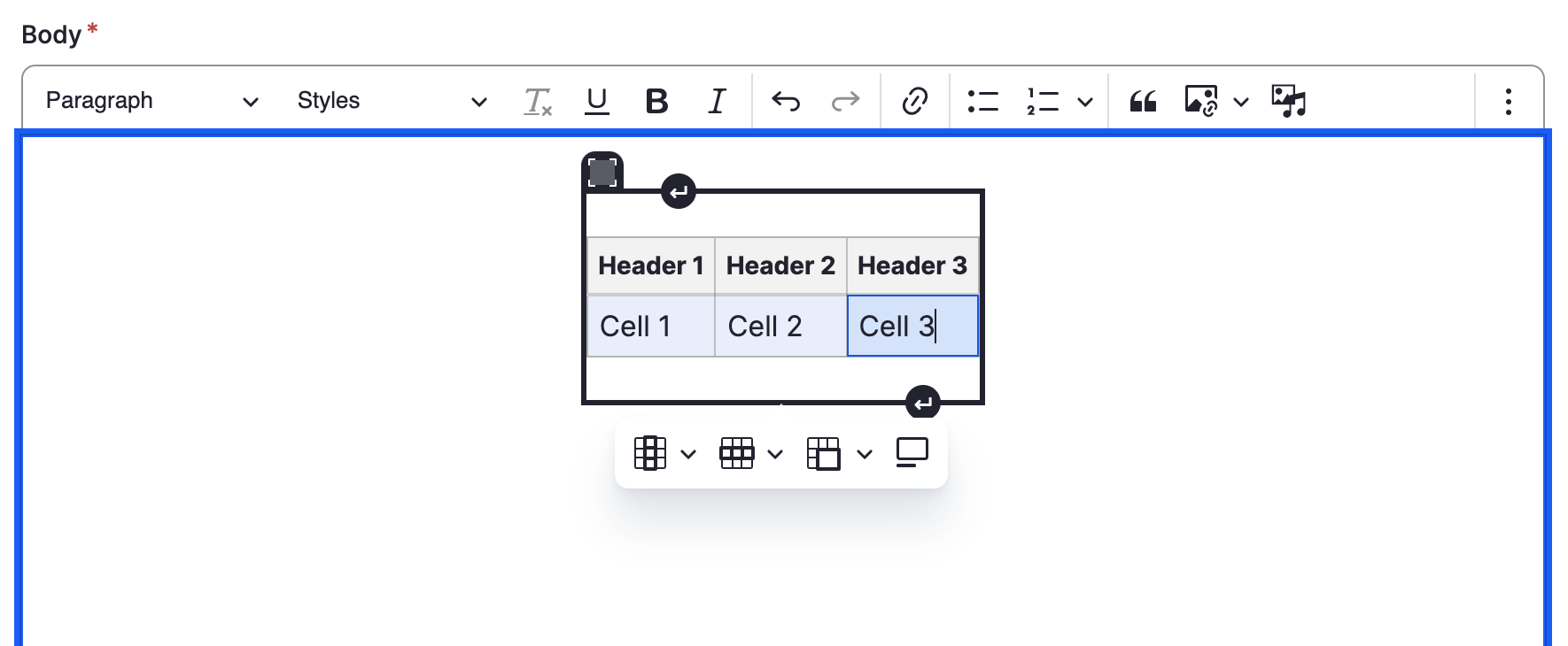 Adding table using the text editor